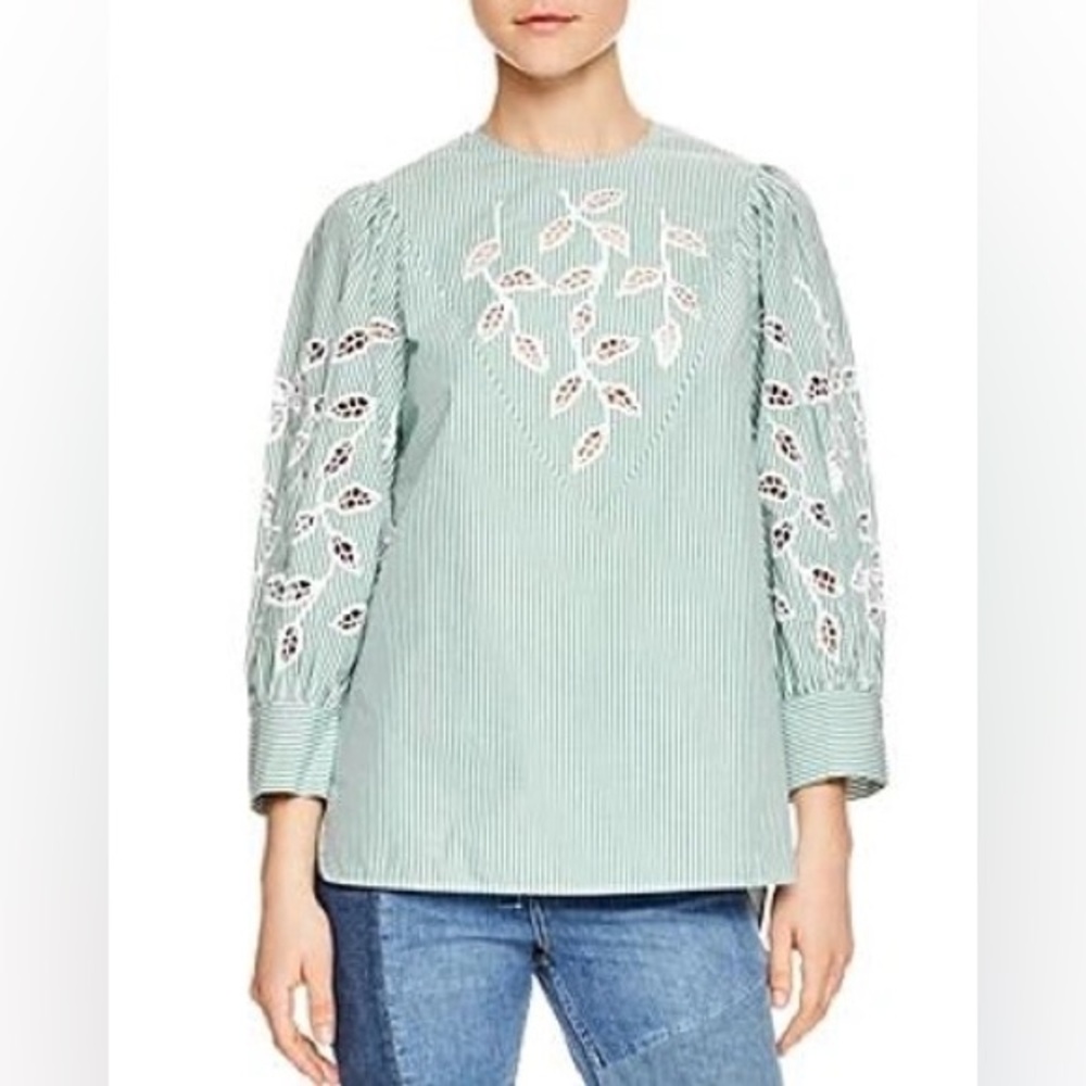 Sandro | Ruiz Striped Botanical Eyelet Blouse 0